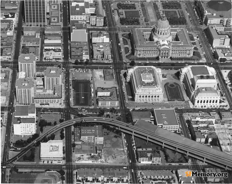 File:Aerial view east over the Central Freeway, newly constructed Opera Plaza, War Memorial , Opera House, and City Hall at right 1983 sfm002-00239.jpg