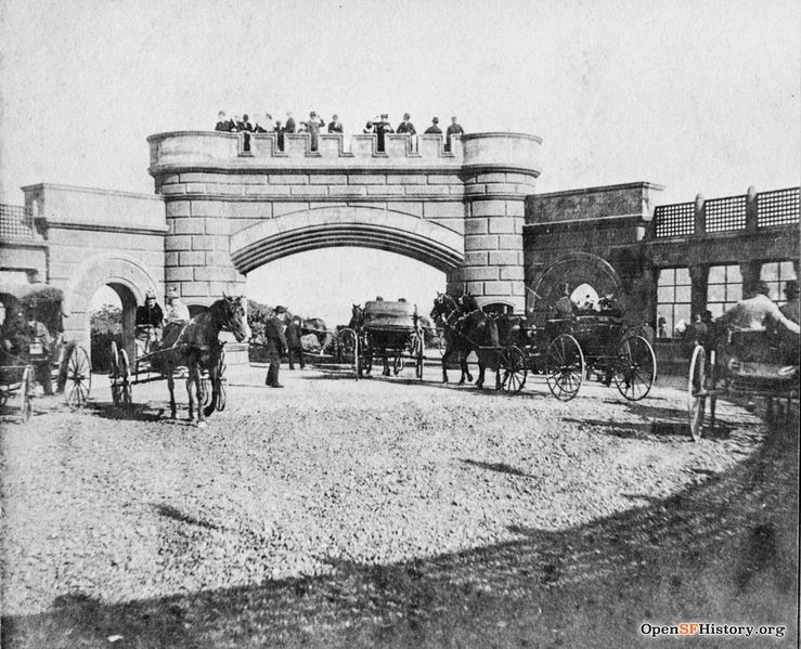 File:Interior of Sweeny Observatory in Golden Gate Park. Horses, carriages, visitors on parapet. Before 1892 completion of second story c 1891 wnp37.00588-L.jpg