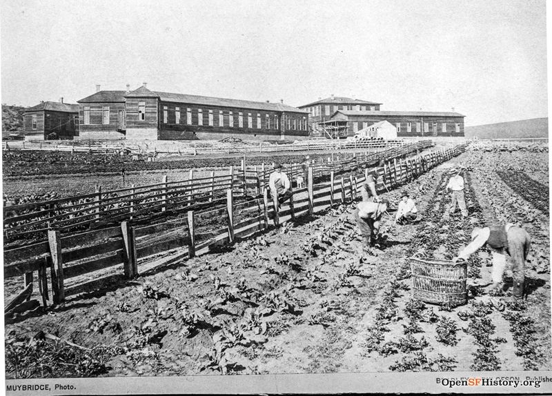 C1875 Presidio, View northeast above Lobos Creek toward orignal Marine Hospital later the Public Health Services Hospital Opened 1875. Muybridge, Photo. Men harvesting crops, complex of wooden buildings behind wnp4.1478.jpg