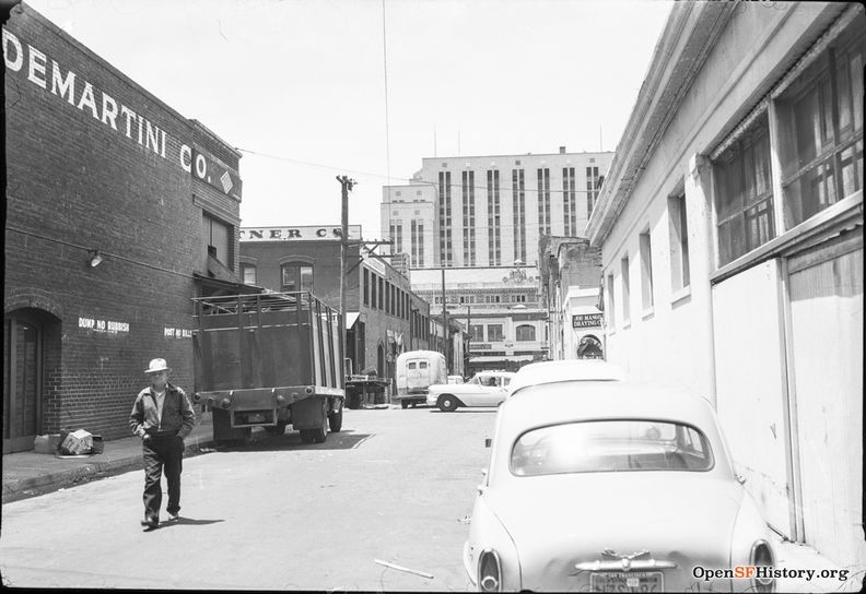 May 1959 View west on Oregon St. between Jackson and Washington. John Di Martini Co., Levy and Zentner Co., Appraisers Building in background. wnp28.1202.jpg