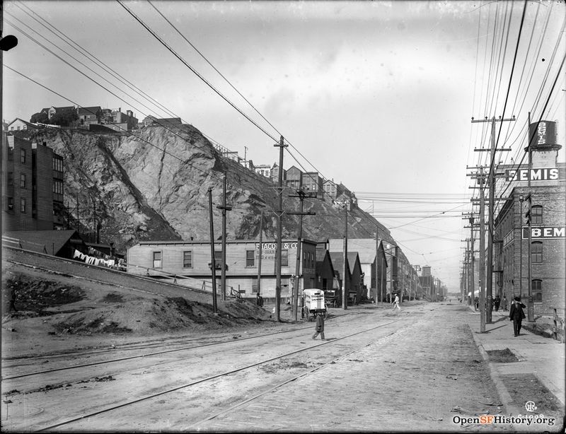 Sansome near Vallejo c 1912 View north past houses on Telegraph Hill. F. Iacopi and Co. hay and grain; Sterling Laundry wagon, Bemis Bros. Bag Co. warehouse wnp15.1599.jpg