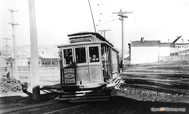 File:View northeast toward Potrero Hill in the background. 25-line streetcar 1076 turning from Alabama onto Precita, Precita Park (then Bernal Park) corner at left wnp5.50295.jpg