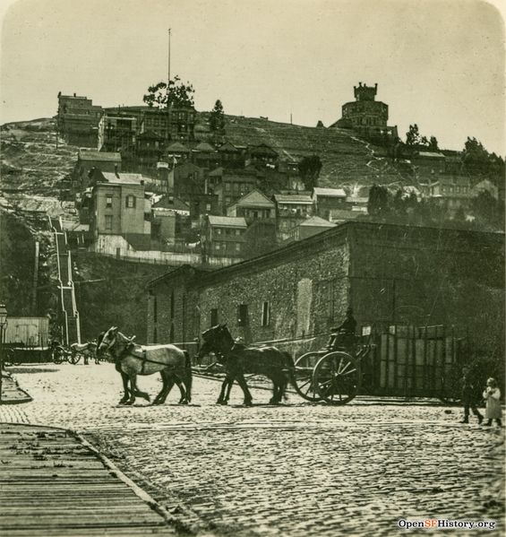 File:C1890 Battery and Filbert view west on Filbert to two-horse carts on east side of Telegraph Hill. German Castle (Layman's Castle) atop hill. wnp24.227a.jpg