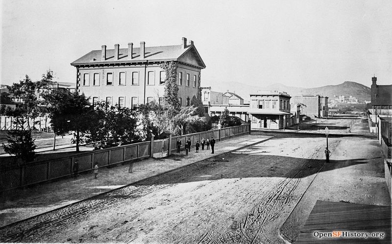 File:15th and Mission 1868 View west 15th Street from Mission, Corona Heights in background. Large brick building is the State Asylum for the Blind and Deaf, southeast corner of 15th and Mission wnp26.1107.jpg