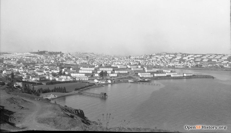 Bayview Hill view 1949 View Northeast. Before Bay fill for Candlestick Park, Gilman Playgound in left foreground, Hunters Point Housing and Yosemite Channel wnp14.2610.jpg