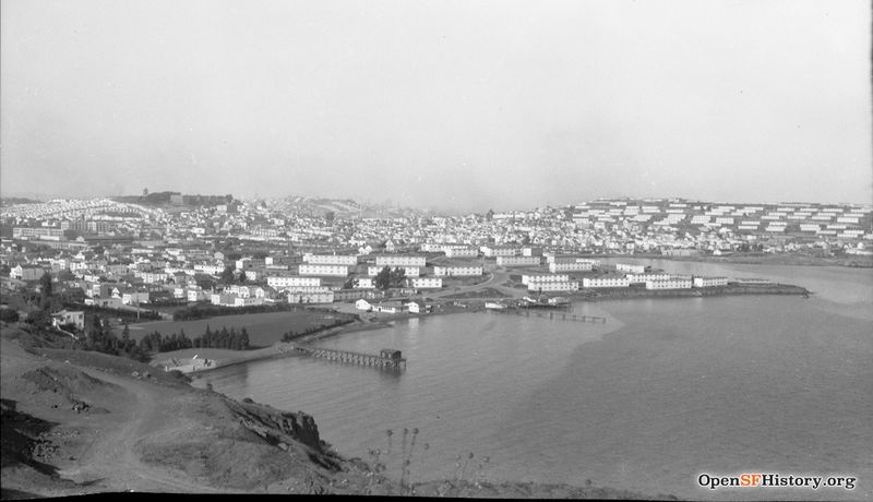 File:Bayview Hill view 1949 View Northeast. Before Bay fill for Candlestick Park, Gilman Playgound in left foreground, Hunters Point Housing and Yosemite Channel wnp14.2610.jpg