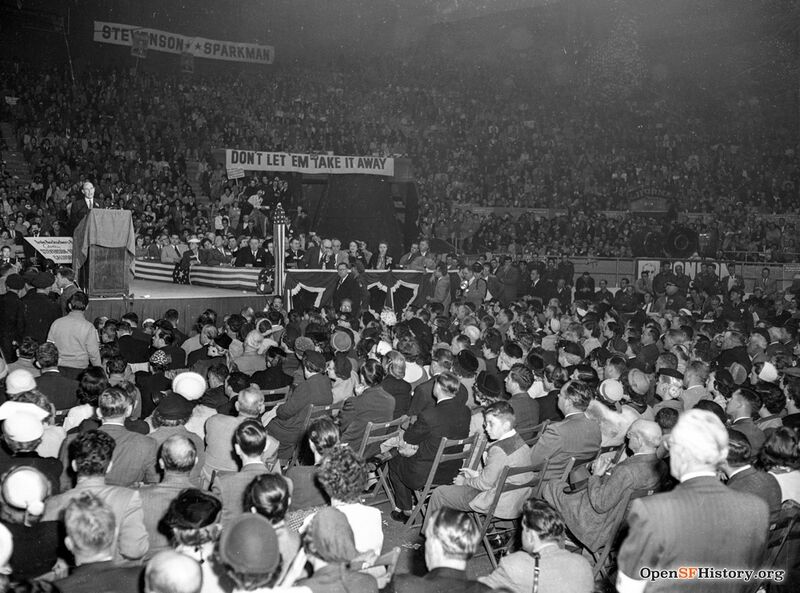 Adlai Stevenson rally; speaking to crowd at Cow Palace Oct 15 1952 wnp28.2464.jpg