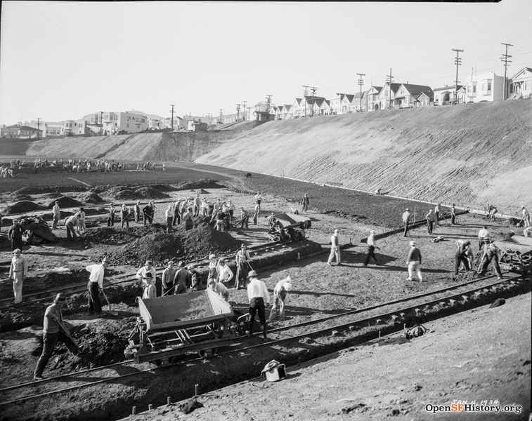 File:Jan 4 1934 St. mary's Park, later St. Mary's Recreation Center, under construction. Men grading baseball field by hand. View westerly, Crescent Avenue, Bernal Heights at right above the park wnp14.2794.jpg