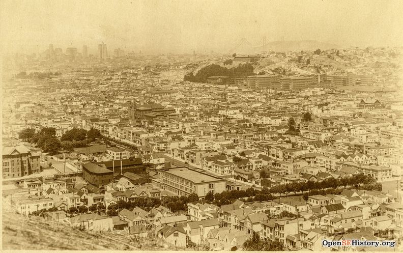 C1936 View North from Bernal Heights. Harrison Street at center. Precita Park, SF General Hospital, Bay Bridge under construction wnp27.6089.jpg