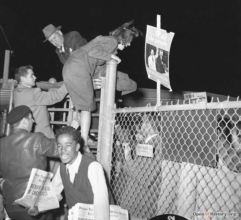 Supporters climbing fences to see Presidential candidate Adlai Stevenson at Cow Palace Oct 15 1952 wnp14.12471.jpg