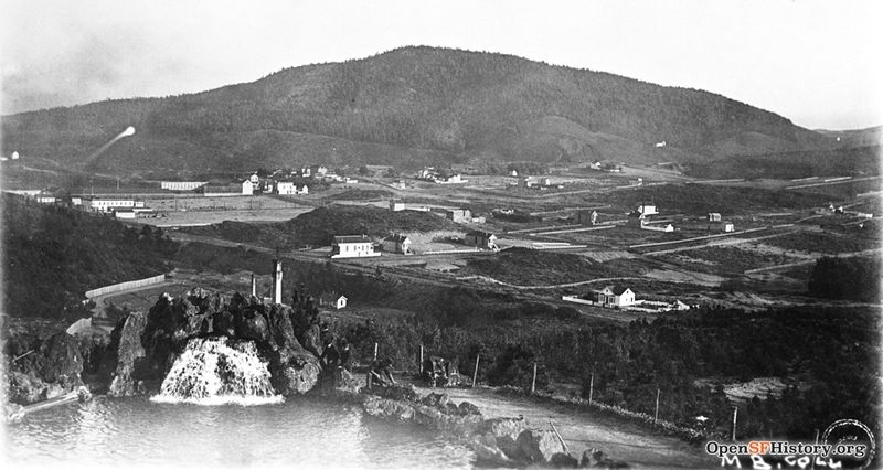 View southeast 1895 Inner Sunset, Mount Sutro. Pump house, Sweeny Observatory pool and waterfall. Olympic Club grounds, Reynolds house on Lincoln Way and 14th Ave. Streetcar poles on 9th Ave but not Lincoln Way wnp37.03327.jpg