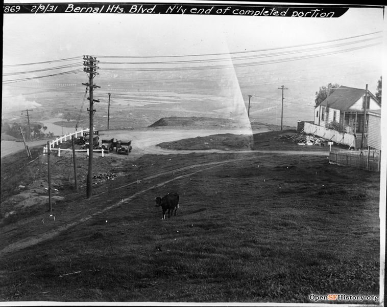 File:Feb 9 1931 Cow - Automobiles Bernal Hts. Blvd., north end of completed portion dpwbookSPECIMP16 dpwA2869 View east towards Islais Creek marshland reclamation, 31 Carver St. across road at right wnp36.04318.jpg