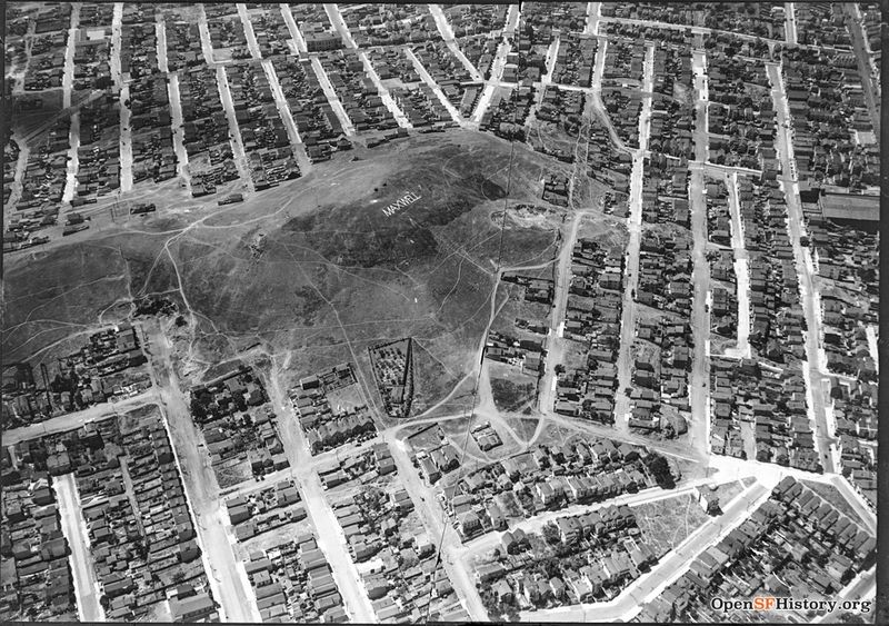 File:July 1923 Aerial view. The view is southerly, Folsom Street is at the left. The ad on the hilltop is for the Maxwell cars parked at the top, a publicity stunt designed to highlight the climbing ability of the vehicle wnp15.165.jpg