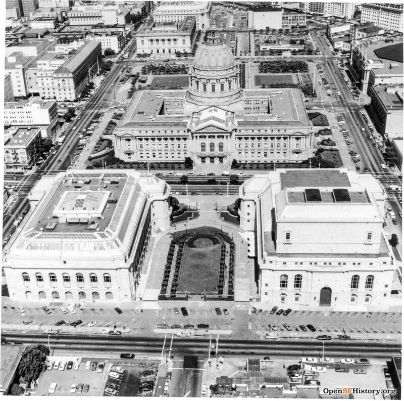 View East above Gough, War Memorial Building and Opera House, City Hall 1970 wnp27.5286.jpg