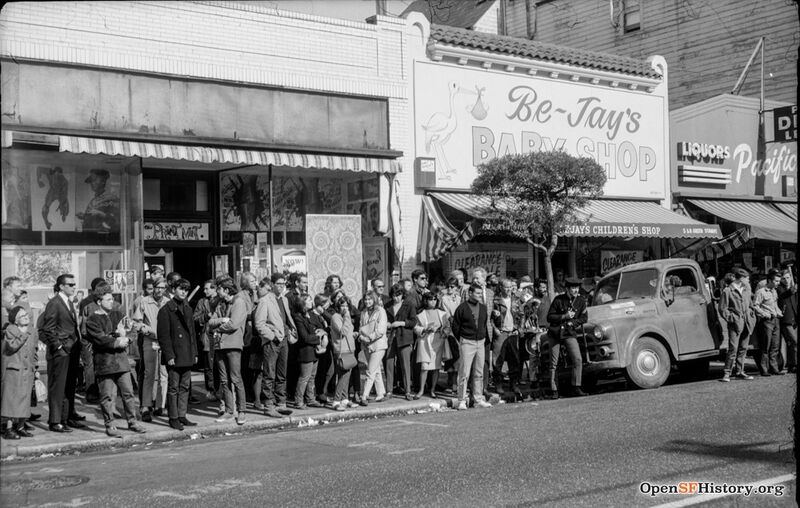 People in front of The Print Mint at 1538 Haight Street and Be-Jays Baby Shop 1967 wnp28.1268.jpg
