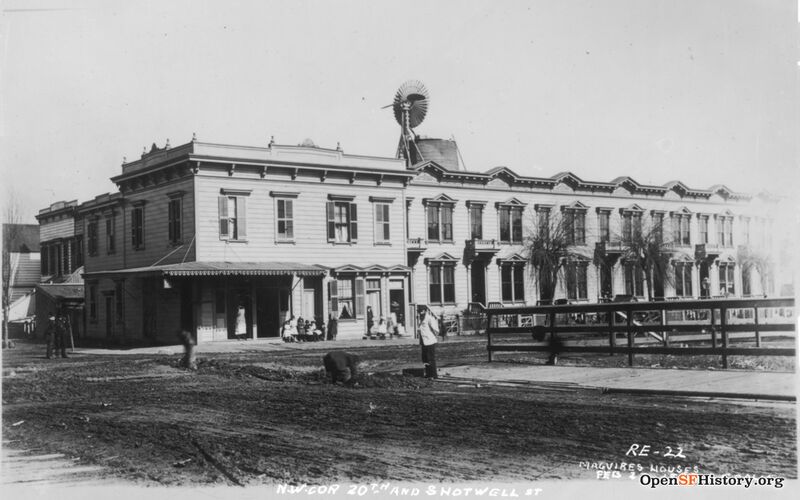 View across muddy intersection of 20th and Shotwell to northeast corner with meat market run by butcher Philip Faubel Feb 1877 opensfhistory wnp71.1613.jpg