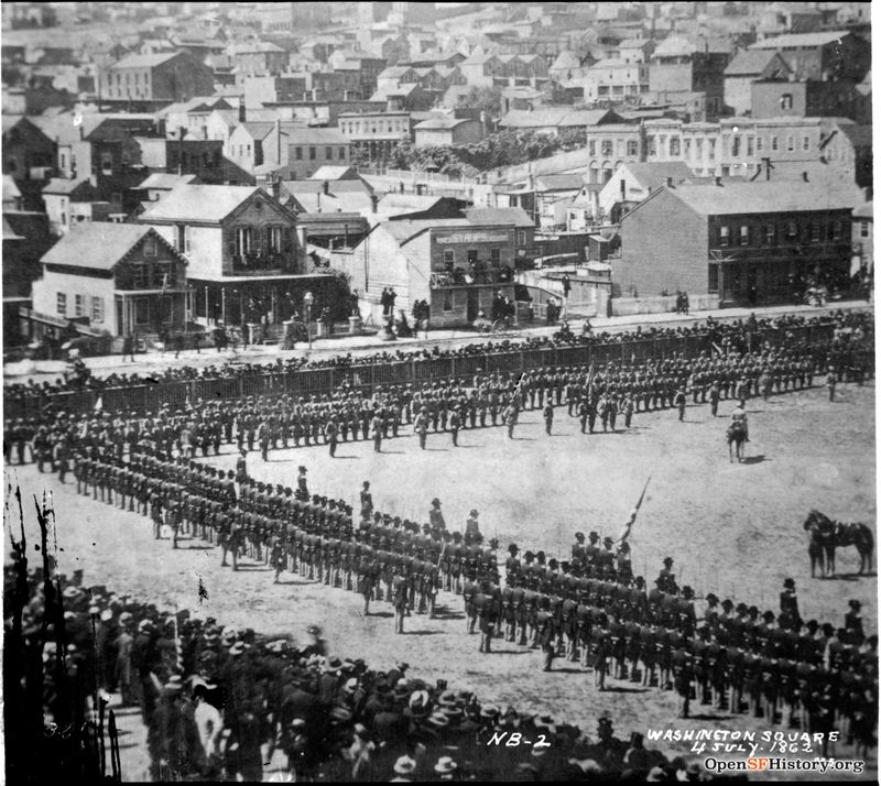 July 4 1862 North Beach, Washington Square, July 4 1862. Soldiers in formation, crowds, houses. F810 NB-002 (GGNRA-Behrman GOGA 35346) wnp71.1473.jpg
