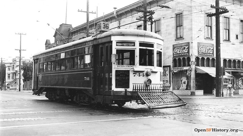 View Southeast across 24th Street and Folsom Street, Market Street Railway (MSRY) 35-line streetcar 744, Marvel Luncheonette in background Line 36 - 0744-36-01 FOLSOM and 24TH 1937 wnp5.50329.jpg