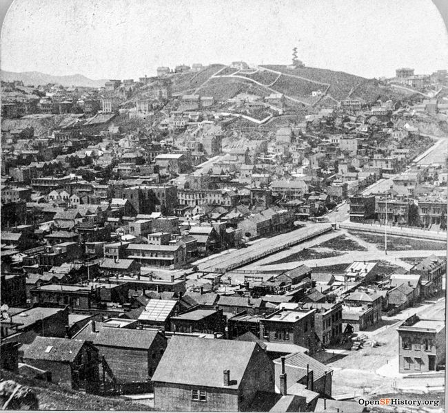 File:View southwest from Telegraph Hill across Washington Square (before major landscaping). Jobson's Observatory (1861-1869) on top of Russian Hill c 1865 wnp37.00655-R.jpg