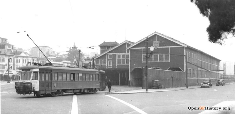 File:1940 Market St. Railway streetcar 403 at Valencia Car House at Duncan. 0403-35-A VALENCIA YARD 1940 wnp5.50676.jpg