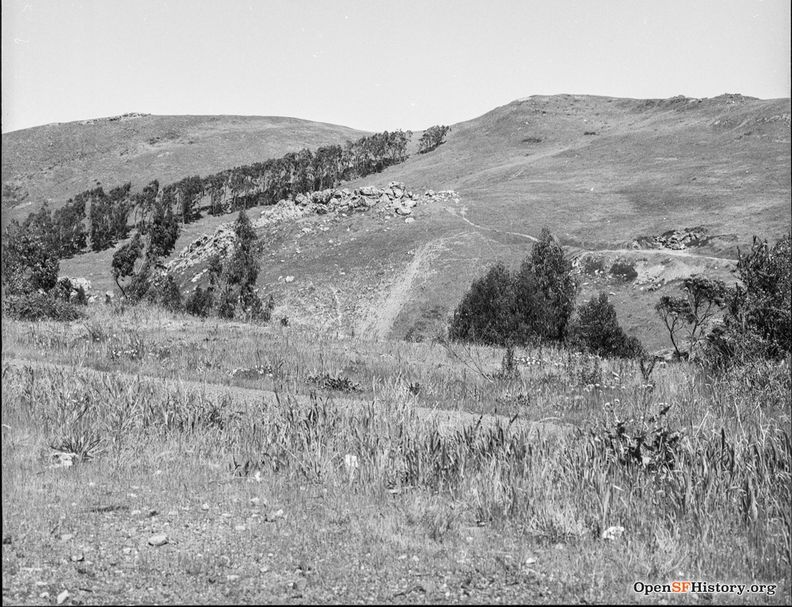 Diamond Heights Before Development, View East to Glen Canyon rock outcrops April 1957 wnp14.4190.jpg