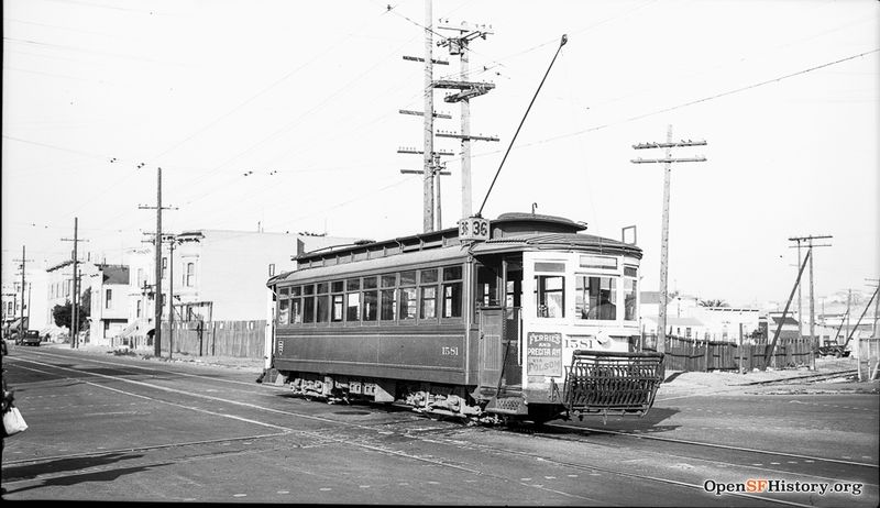 File:Folsom and 23rd 1939 View Northeast at Folsom and 23rd Street with Southern Pacific crossing to northbound 36-Line 1581 wnp14.3588.jpg