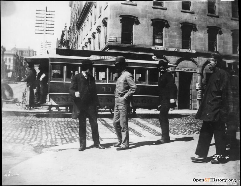 California and Montgomery c 1889 View west across Montgomery to Omnibus Railway Co. horsecar 11 passing. Parrott Building, or Parrott Block opensfhistory wnp71.2032(1).jpg