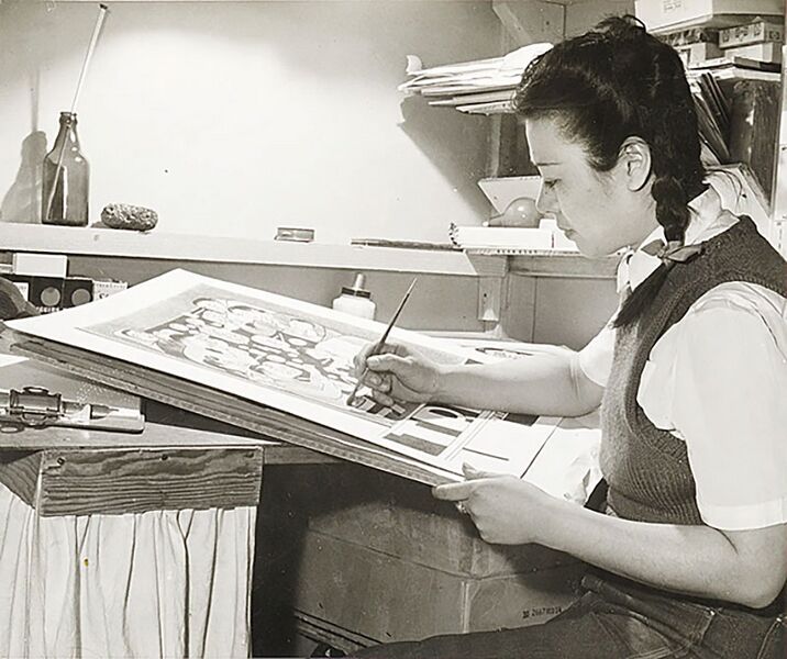 File:Miné-Okubo-works-on-her-illustration-for-the-second-Trek,-a-camp-publication.-(Courtesy-of-Japanese-American-National-Museum.jpg