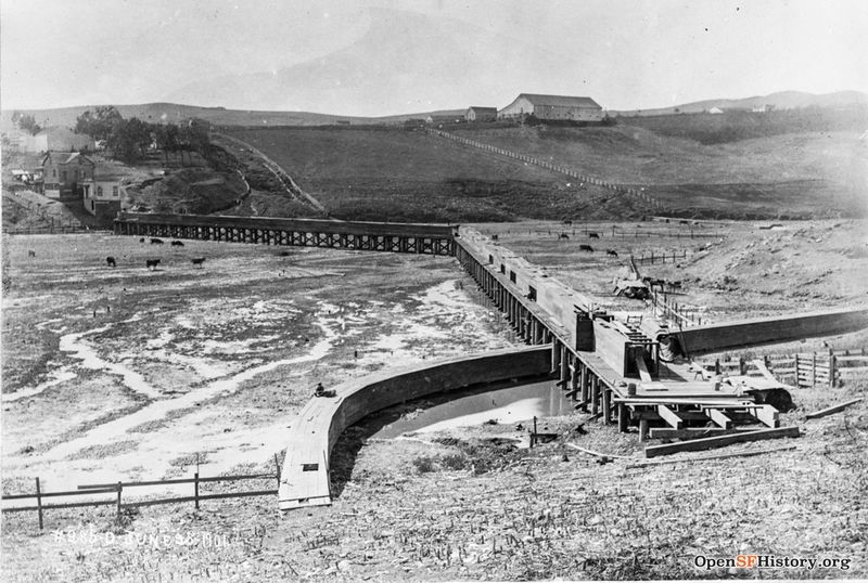 File:1901 View south across Islais Creek and toward current Portola neighborhood- Cows grazing in the marshland University Mound aqueduct-pipeline being updated. I280 freeway and Alemany Boulevard pass through this view today-wnp36.10018.jpg