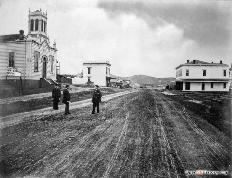 File:View West on Oakdale toward Phelps. Haley and ONeill Homestead, South San Francisco M.E. Church on left c 1865 wnp26.685.jpg